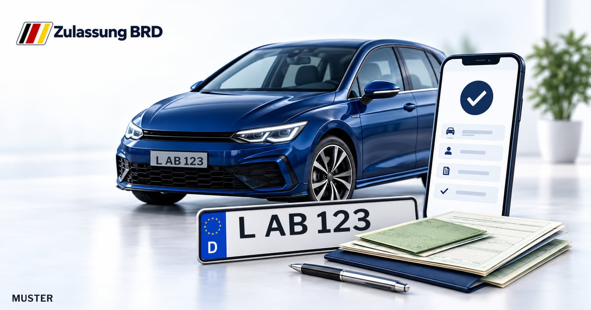 Online Fahrzeugzulassung in Leipzig: Musterkennzeichen L AB 123, Auto und Fahrzeugpapiere und Smartphone. Illustration mit Logo von Zulassung BRD.